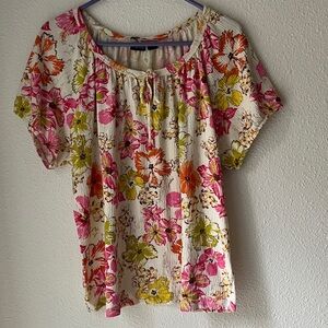 Women’s Floral Split-Neck Short Sleeve Top - Pink, Orange, Green